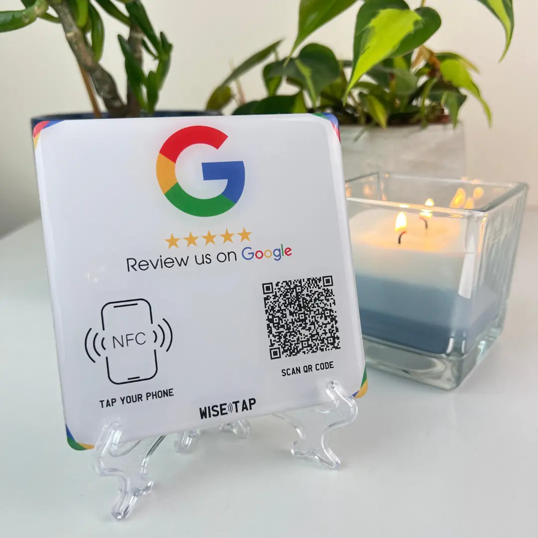 Our Light Google NFC Table Plate on our plate stand - Tap and review