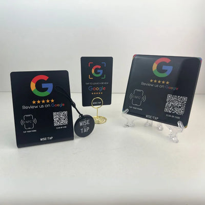 image of full wisetap pack - nfc cards, nfc stands, nfc plates and nfc key tag. All redirecting customers to programmed review page. Get more reviews with use of NFC.