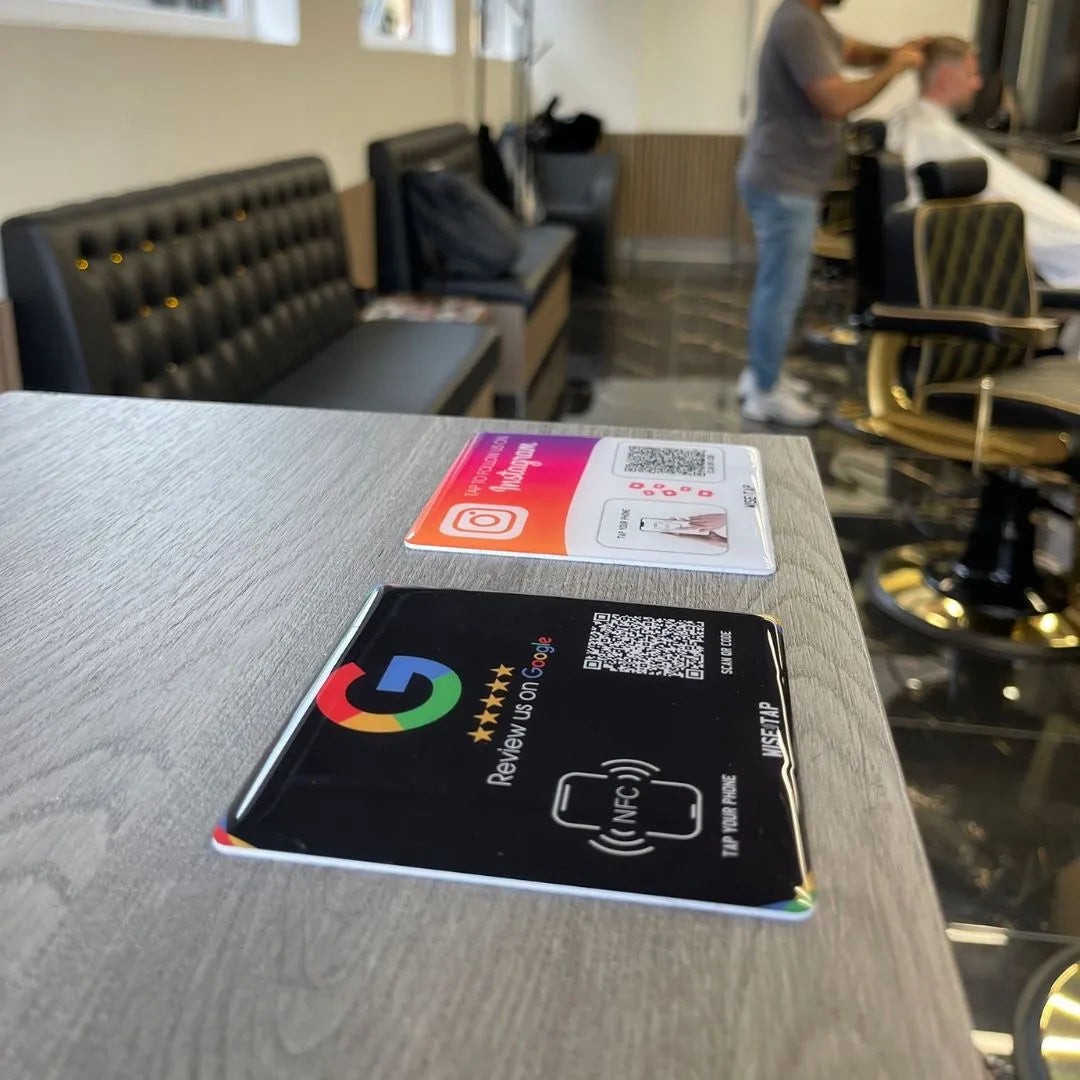 Google Review NFC Table Plate displayed in a client barber shop, encouraging customers to tap to review
