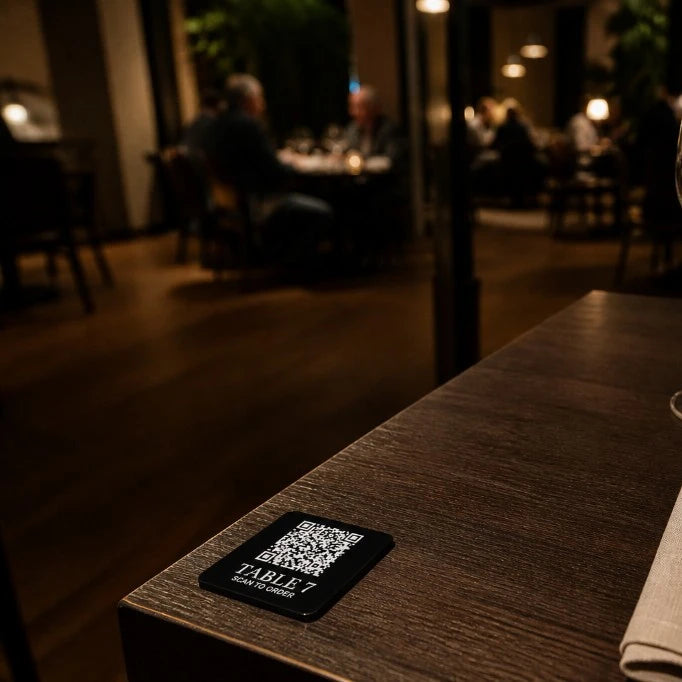 Black acrylic QR table plaque on a restaurant table
