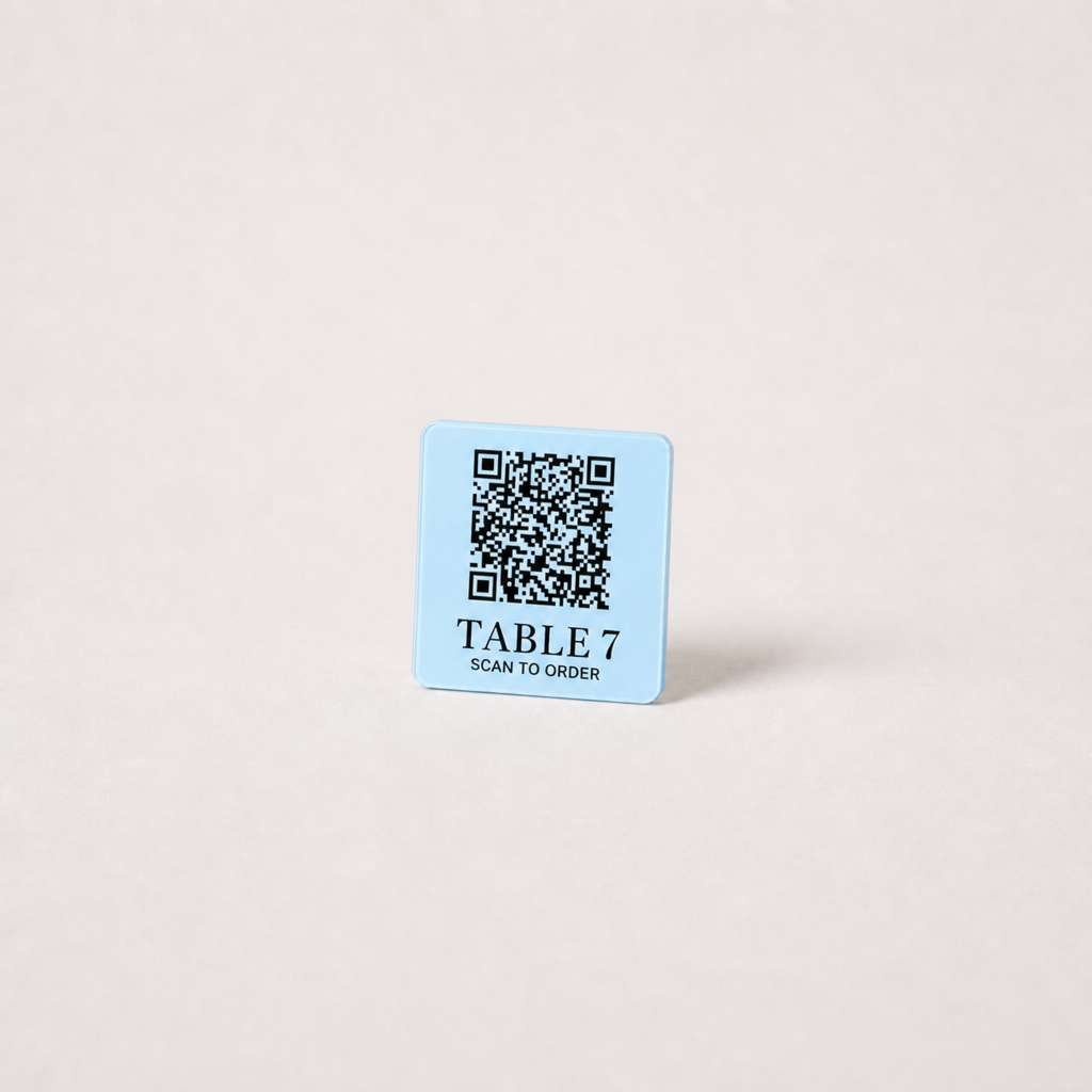Custom Acrylic QR Table Plaques WiseTap baby blue glossy 5 cm TABLE 7 SCAN TO ORDER