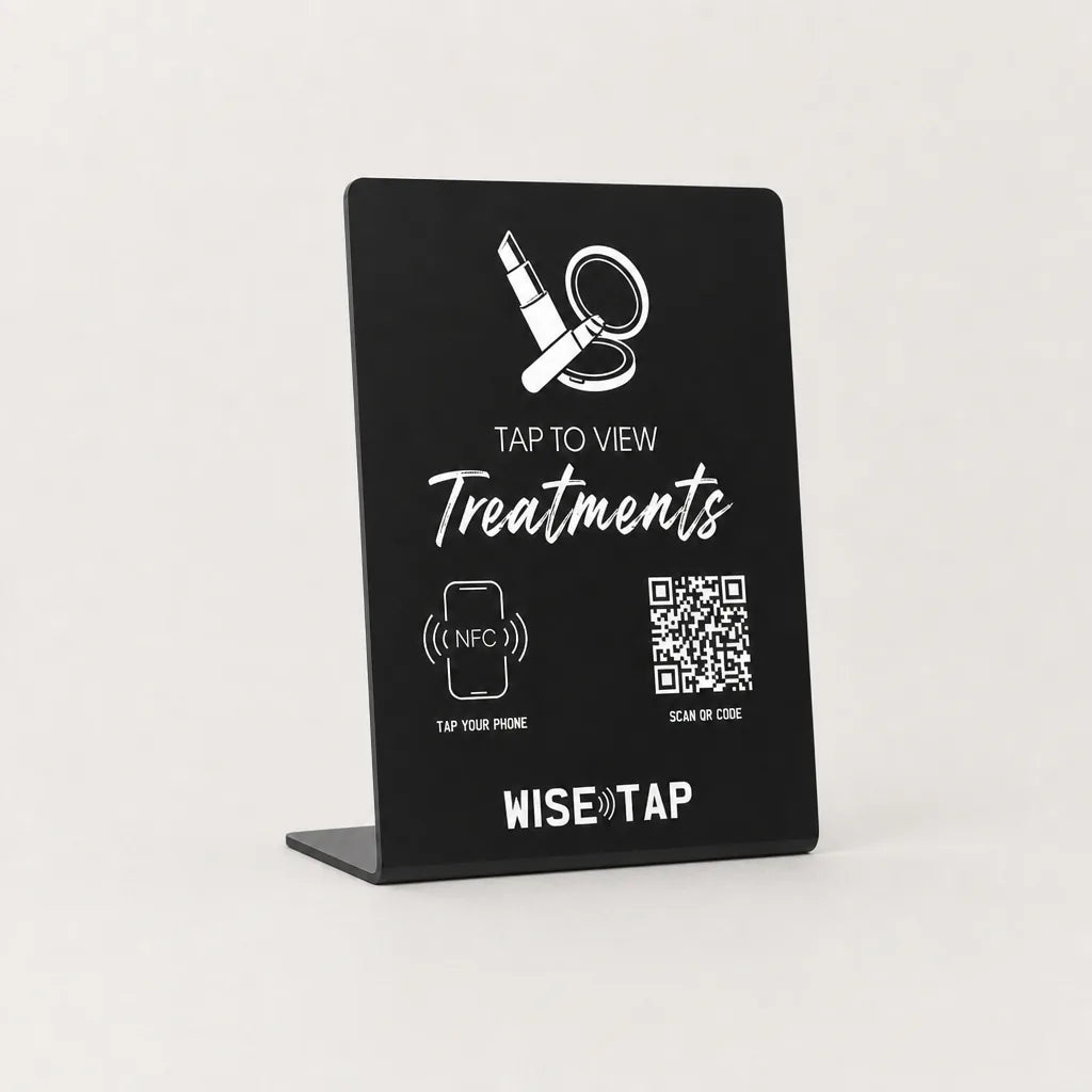Treatment Menu NFC Stand front TAP TO VIEW Treatments NFC QR WiseTap