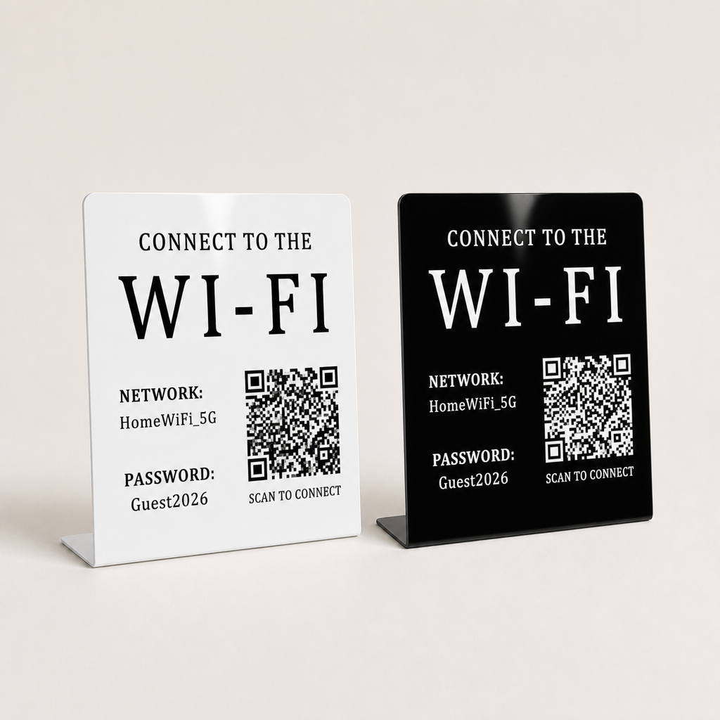 Custom Acrylic Scan to Connect Wi-Fi Sign WiseTap black on white and white on black