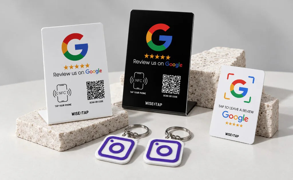 WiseTap NFC review stands, keychains and card on travertine