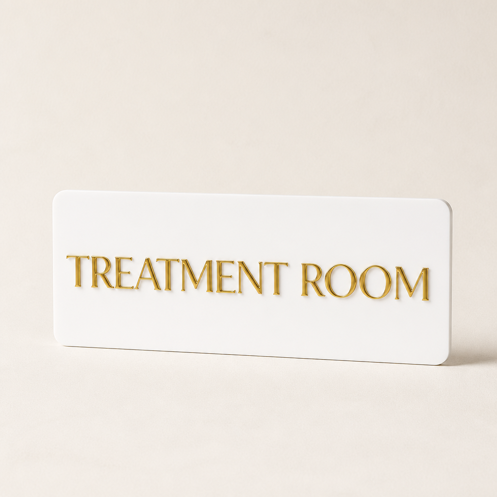 Custom 3D Acrylic Door Sign WiseTap white plaque raised mirror-gold TREATMENT ROOM