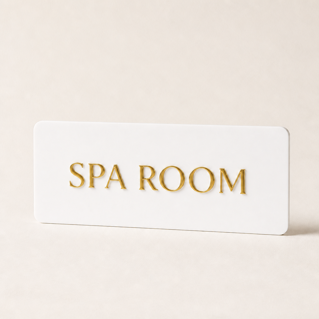 Custom 3D Acrylic Door Sign WiseTap white plaque raised mirror-gold SPA ROOM