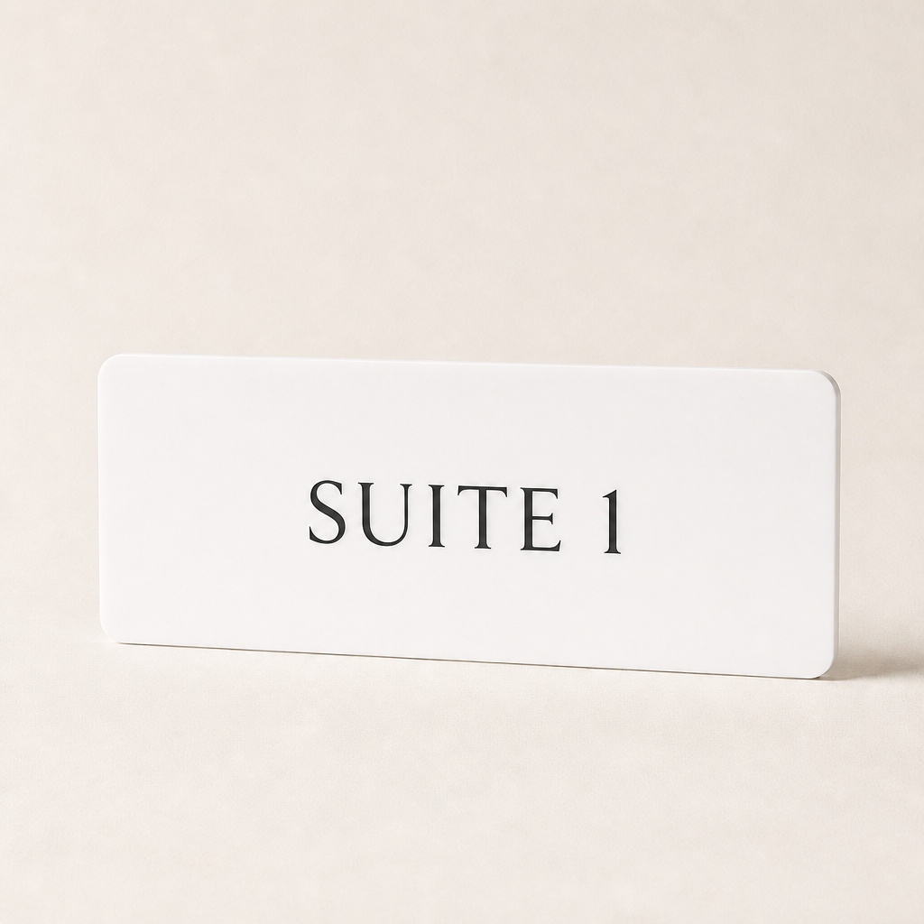 Custom 3D Acrylic Door Sign WiseTap white plaque flat black SUITE 1