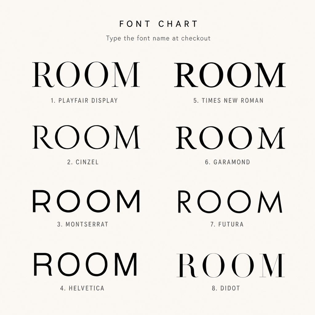 Custom 3D Acrylic Door Sign WiseTap font chart Playfair Cinzel Montserrat Helvetica Times Garamond Futura Didot