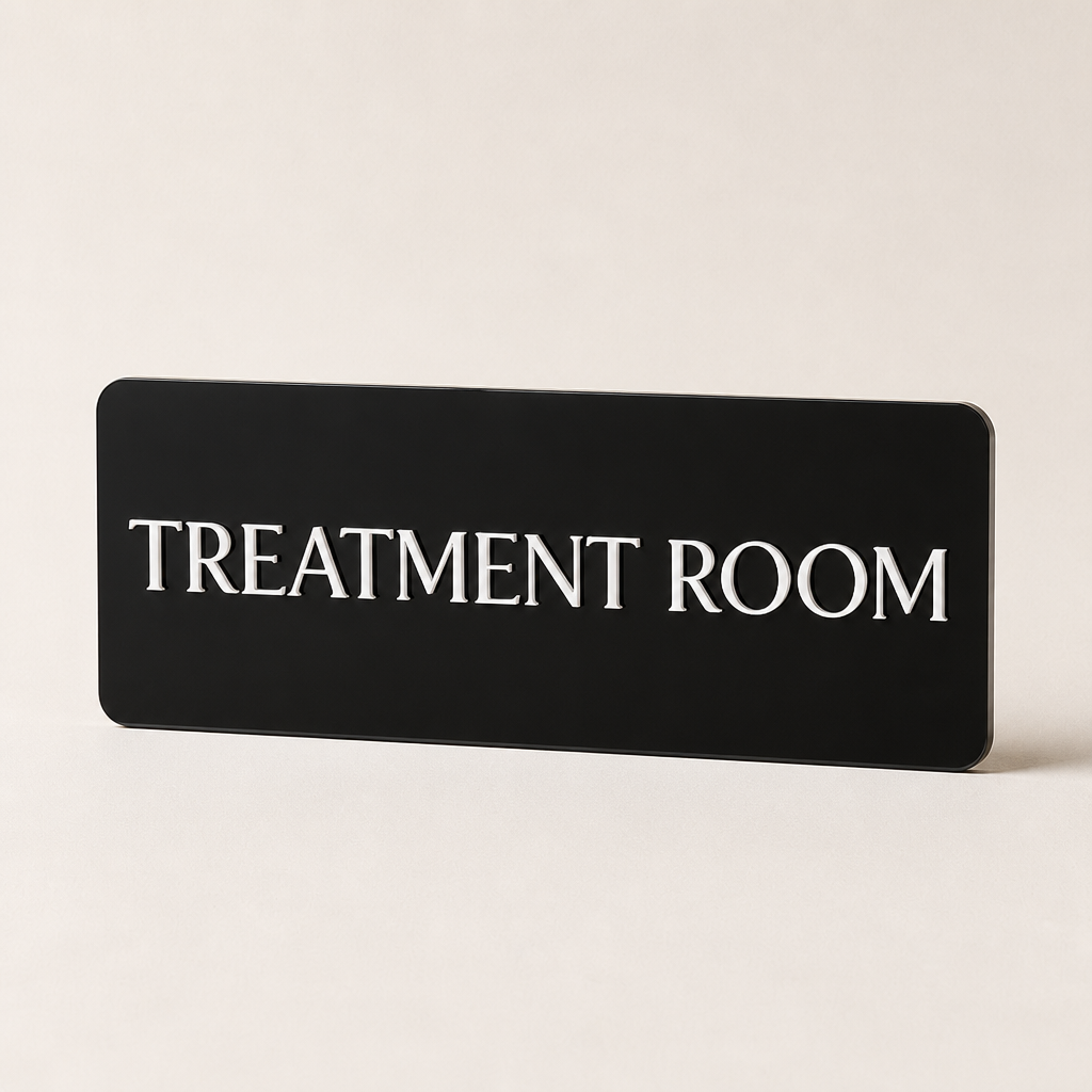 Custom 3D Acrylic Door Sign WiseTap black plaque white raised TREATMENT ROOM