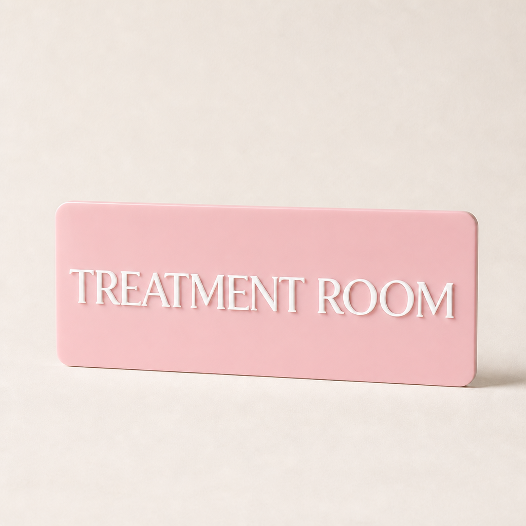 Custom 3D Acrylic Door Sign WiseTap pink plaque white raised TREATMENT ROOM