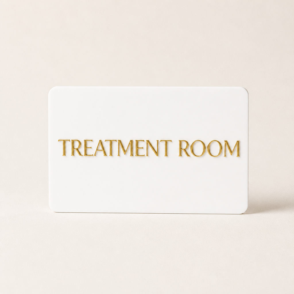 Custom 3D Acrylic Door Sign WiseTap 8 x 7 in white gold TREATMENT ROOM
