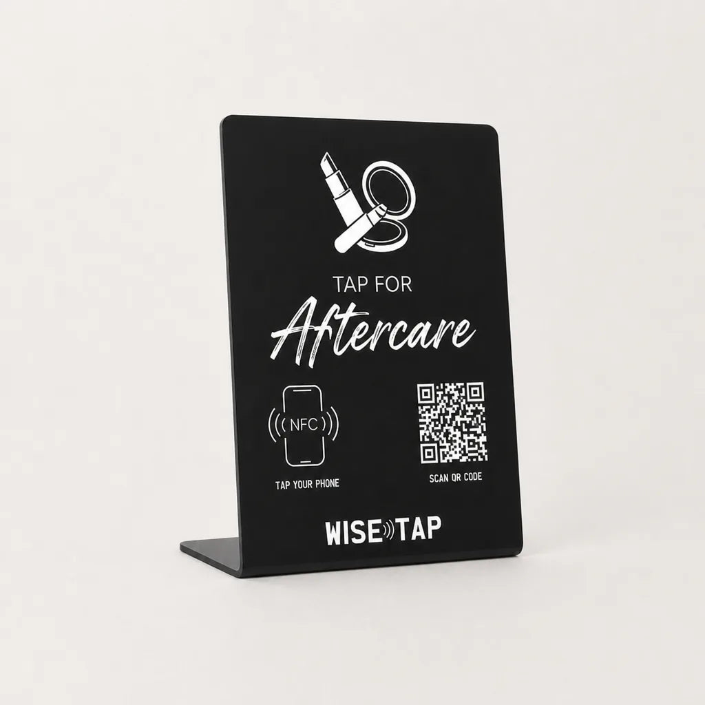 Aftercare + Rebook Acrylic NFC Stand front TAP FOR Aftercare NFC QR WiseTap