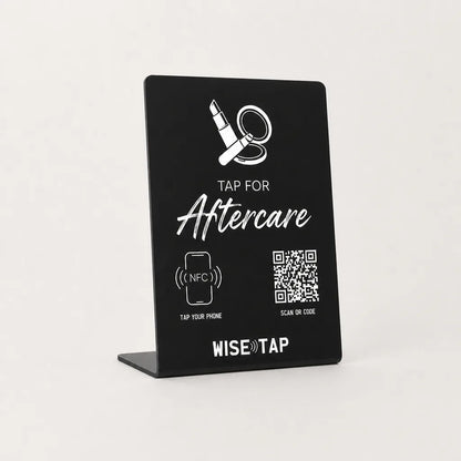Aftercare + Rebook Acrylic NFC Stand front TAP FOR Aftercare NFC QR WiseTap