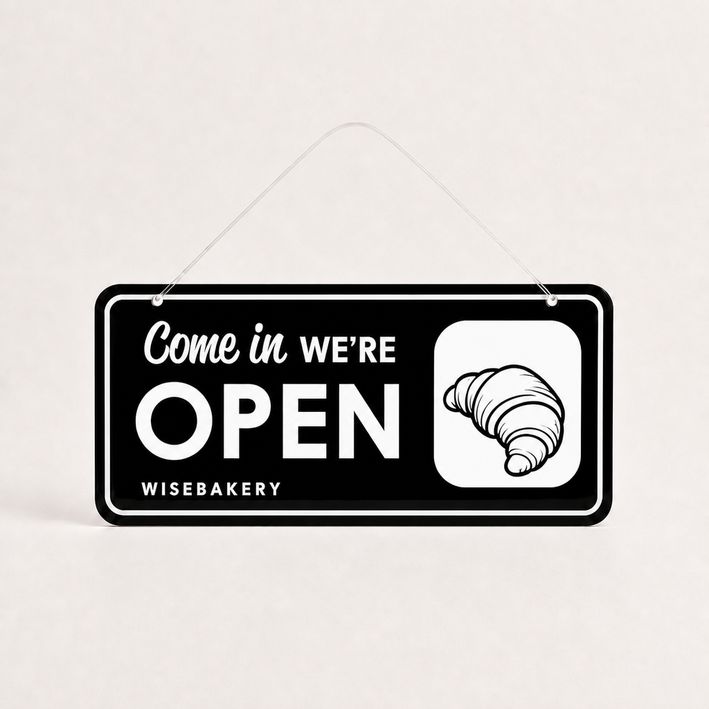 Bakery Custom Acrylic Open Closed Sign WiseTap black / white Come in WE ARE OPEN