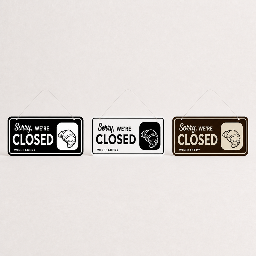 Bakery Custom Acrylic Open Closed Sign WiseTap black / white, white / black and espresso lineup
