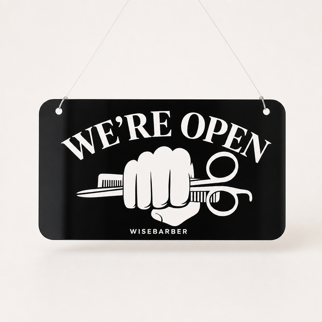 Barber Custom Acrylic Open Closed Sign WiseTap black glossy WE'RE OPEN WiseBarber