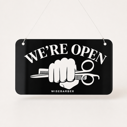 Barber Custom Acrylic Open Closed Sign WiseTap black glossy WE'RE OPEN WiseBarber