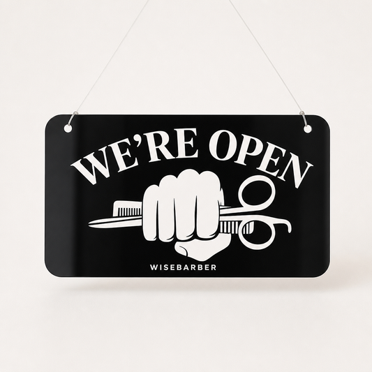 Barber Custom Acrylic Open Closed Sign WiseTap black glossy WE'RE OPEN WiseBarber