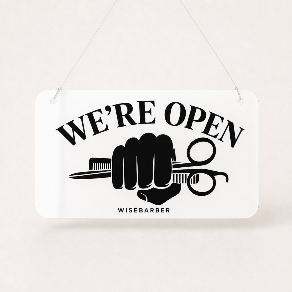 Barber Custom Acrylic Open Closed Sign WiseTap white glossy WE'RE OPEN WiseBarber