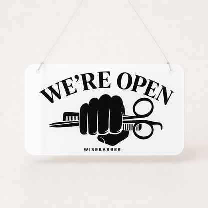 Barber Custom Acrylic Open Closed Sign WiseTap white glossy WE'RE OPEN WiseBarber