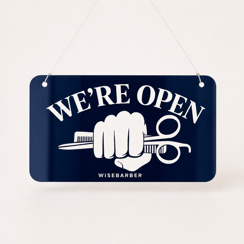Barber Custom Acrylic Open Closed Sign WiseTap navy glossy WE'RE OPEN WiseBarber