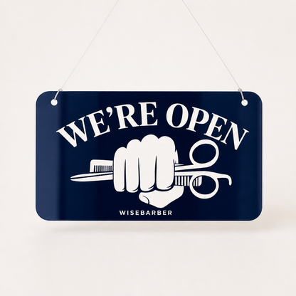 Barber Custom Acrylic Open Closed Sign WiseTap navy glossy WE'RE OPEN WiseBarber