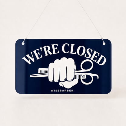 Barber Custom Acrylic Open Closed Sign WiseTap navy glossy WE'RE CLOSED WiseBarber