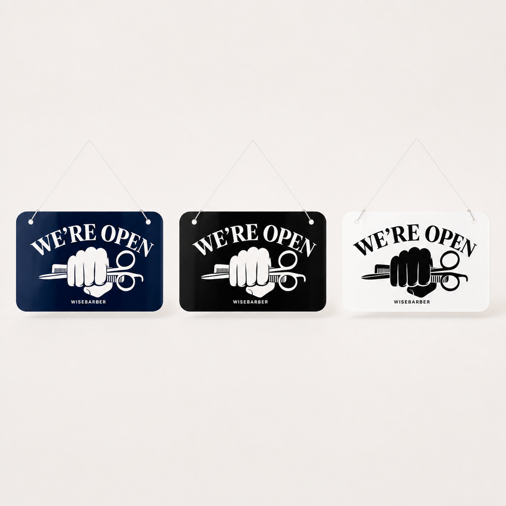 Barber Custom Acrylic Open Closed Sign WiseTap navy black white lineup WiseBarber