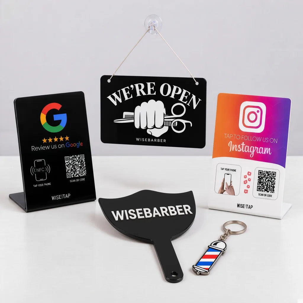 WiseTap Barber Shop Complete with Google and Instagram NFC stands, hanging Barber Open/Closed sign, handheld logo mirror and barber pole NFC keychain