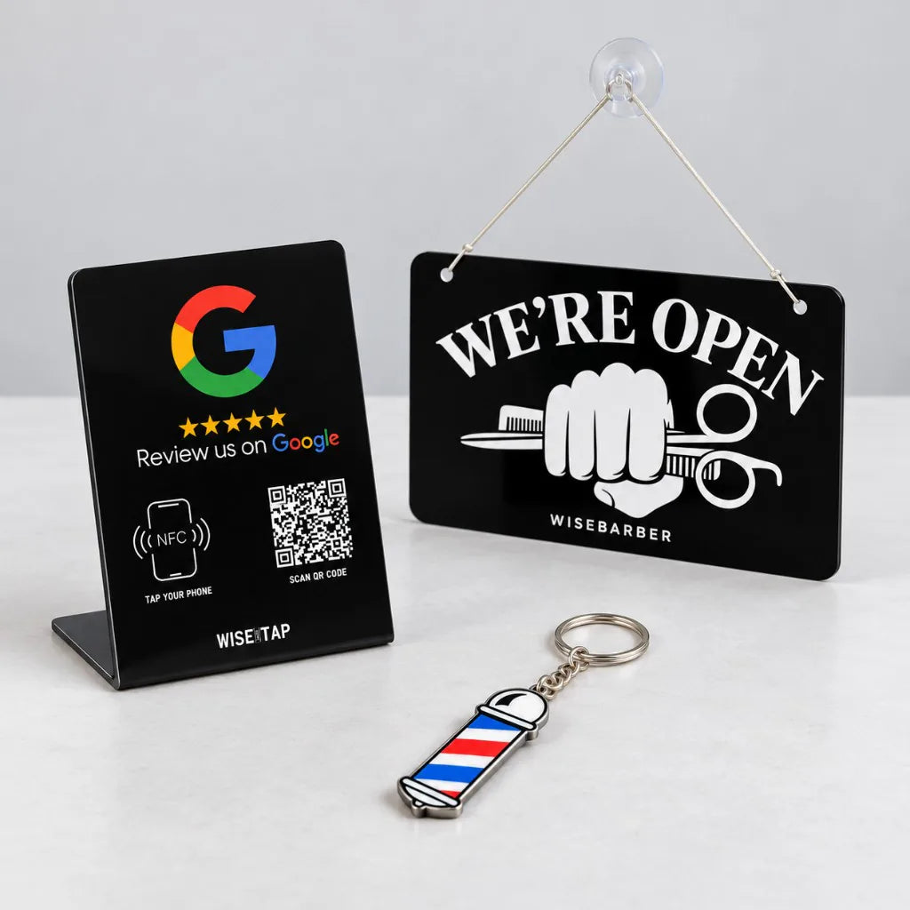 WiseTap Barber Shop Starter with a Google NFC review stand, hanging WE'RE OPEN barber sign and barber pole NFC keychain