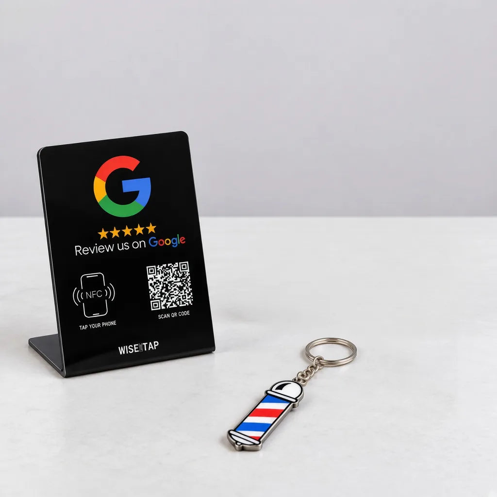 WiseTap Barber Shop Starter Lite with a Google NFC review stand and barber pole NFC keychain