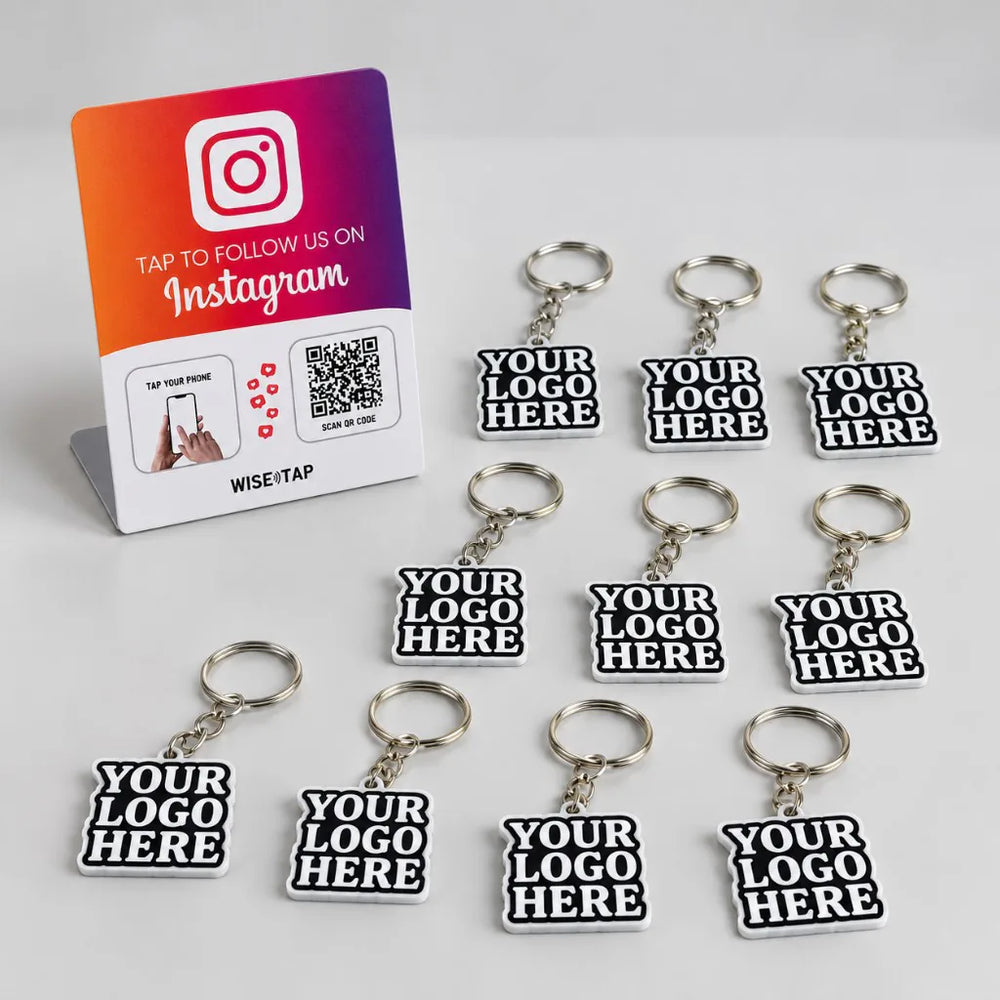 WiseTap Brand Ambassador Starter: an Instagram NFC stand with ten custom-logo NFC keychains