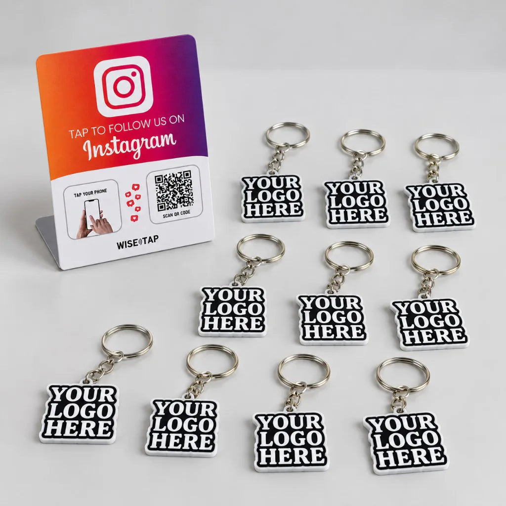 WiseTap Brand Ambassador Starter: an Instagram NFC stand with ten custom-logo NFC keychains