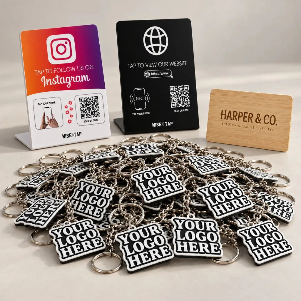 WiseTap Brand Launch Premium: Instagram NFC stand, Website NFC stand, engraved bamboo NFC business card and a pile of custom-logo NFC keychains
