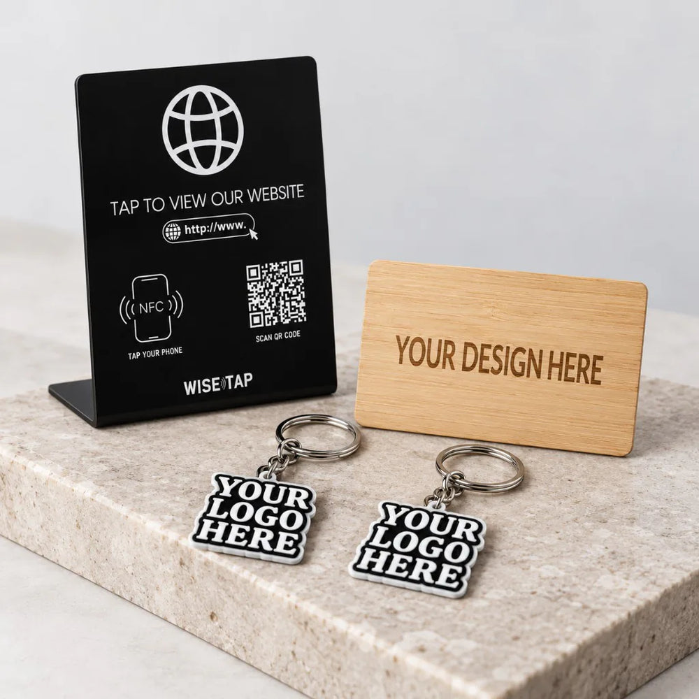 WiseTap Business Owner Essentials with a Website NFC stand, personalised bamboo NFC business card and two custom-logo NFC keychains
