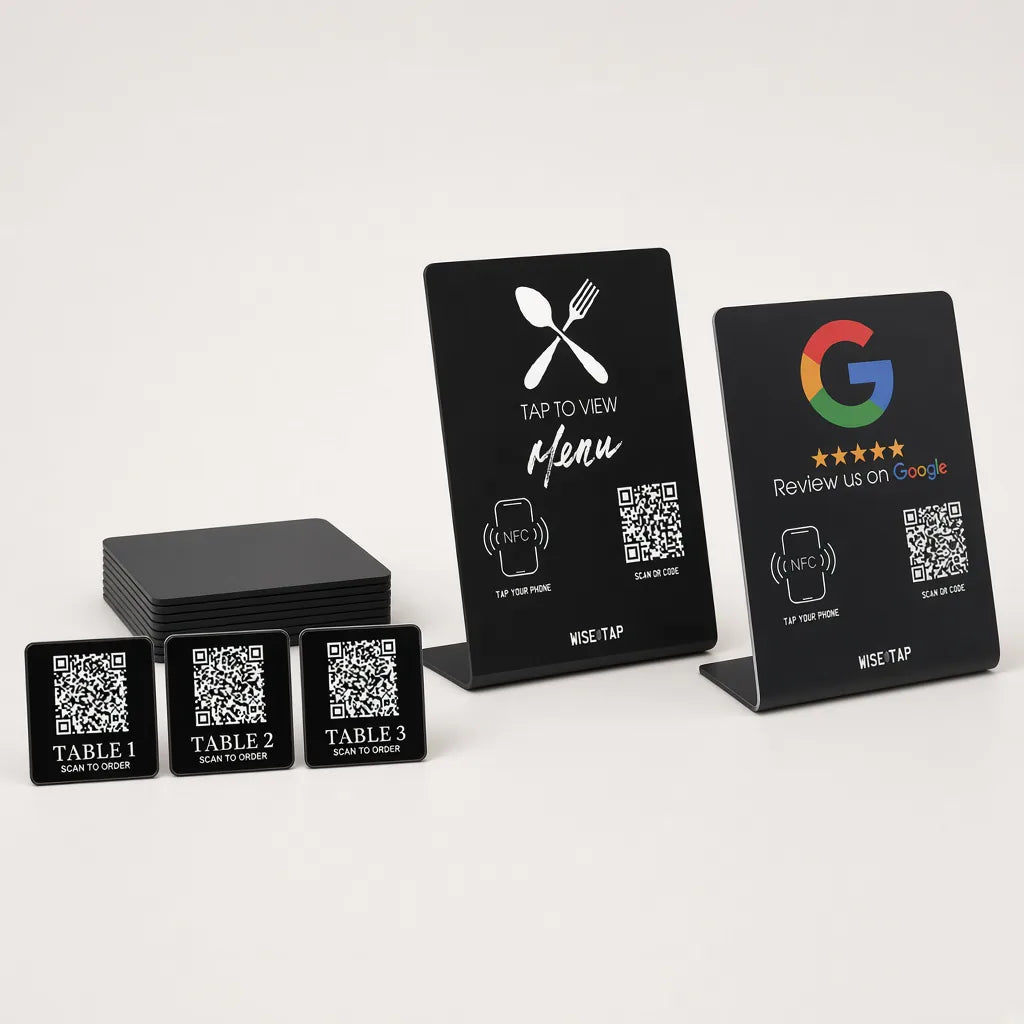Café Table Starter: ten black QR table plaques numbered by table, Menu NFC stand and Google review NFC stand by WiseTap
