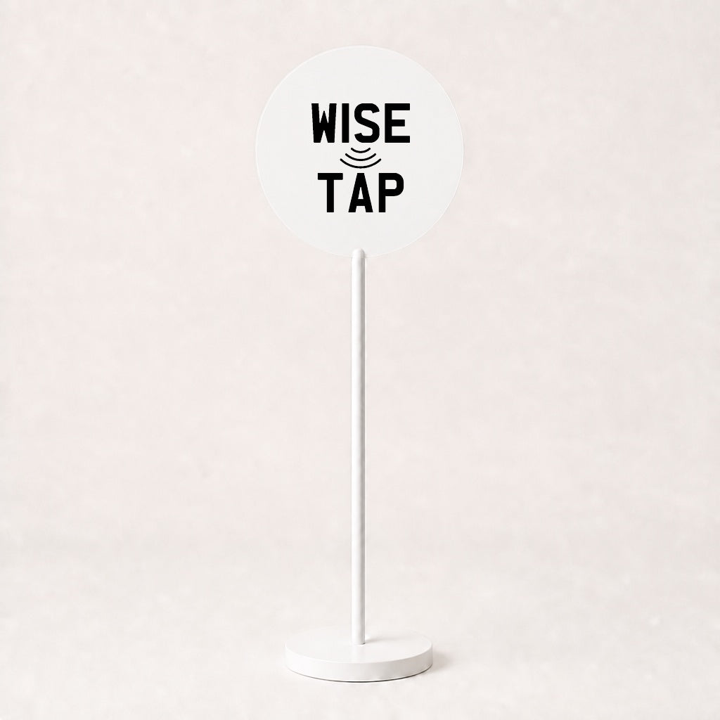 Custom acrylic floor sign in White with WiseTap stacked logo centred on the disc, 120cm stand
