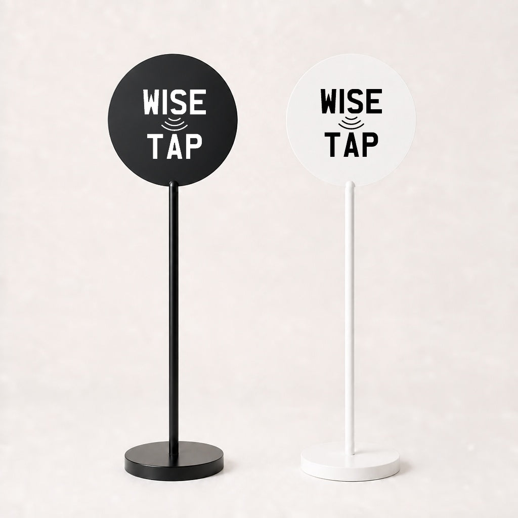 Custom acrylic floor sign pair in Black and White with centred WiseTap logo, 120cm stands