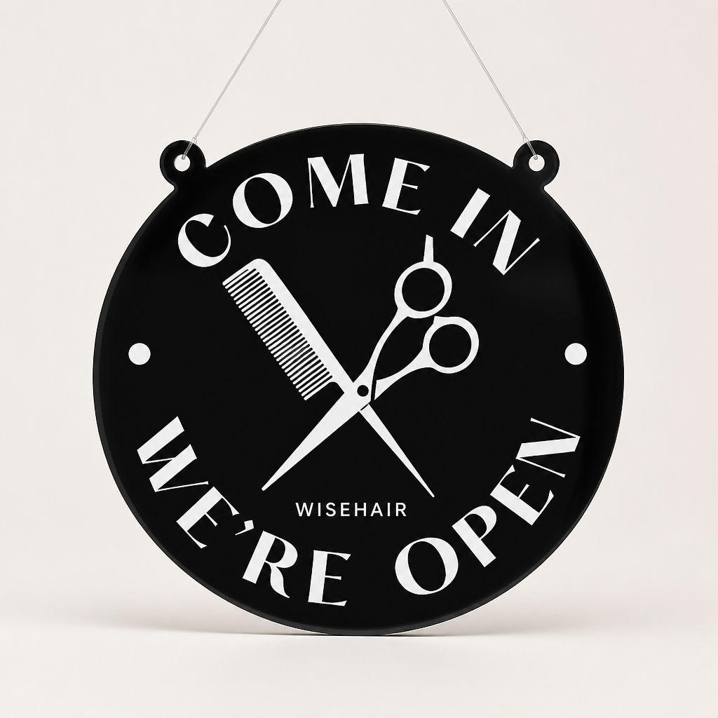 Hair Specialist Custom Acrylic Open Closed Sign WiseTap black glossy COME IN WE'RE OPEN WiseHair