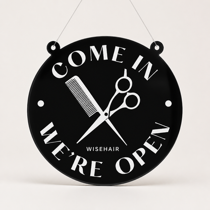 Hair Specialist Custom Acrylic Open Closed Sign WiseTap black glossy COME IN WE'RE OPEN WiseHair