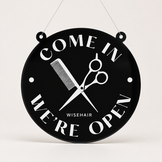 Hair Specialist Custom Acrylic Open Closed Sign WiseTap black glossy COME IN WE'RE OPEN WiseHair
