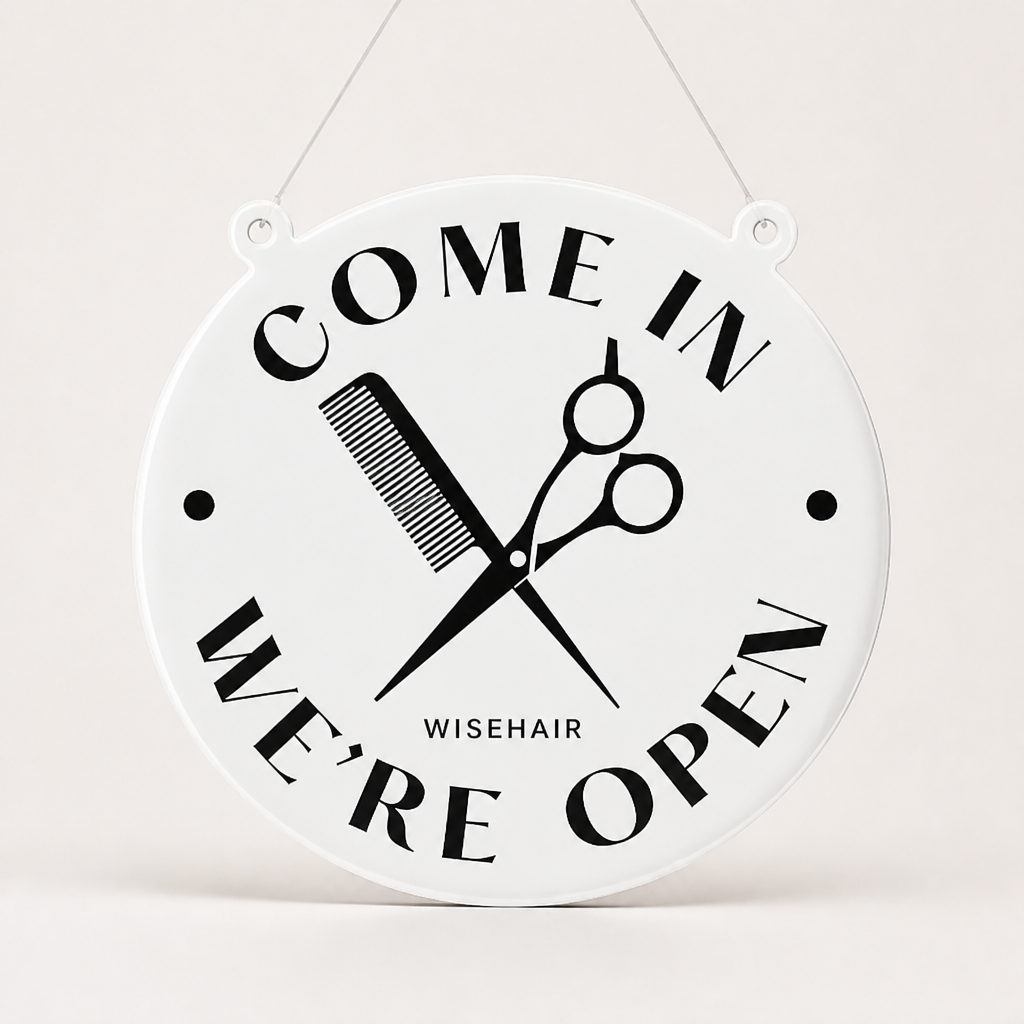 Hair Specialist Custom Acrylic Open Closed Sign WiseTap white glossy COME IN WE'RE OPEN WiseHair