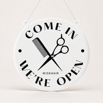 Hair Specialist Custom Acrylic Open Closed Sign WiseTap white glossy COME IN WE'RE OPEN WiseHair