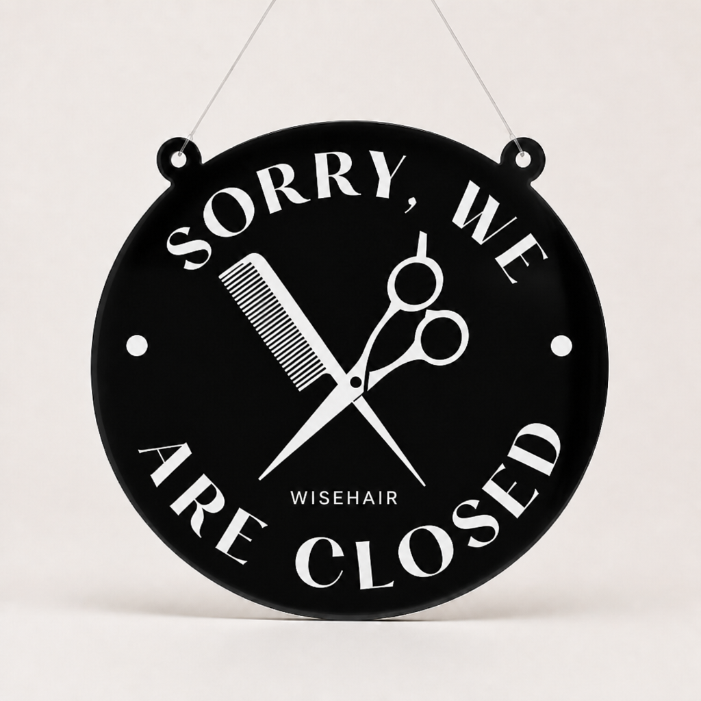 Hair Specialist Custom Acrylic Open Closed Sign WiseTap black glossy SORRY WE ARE CLOSED WiseHair
