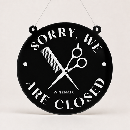 Hair Specialist Custom Acrylic Open Closed Sign WiseTap black glossy SORRY WE ARE CLOSED WiseHair