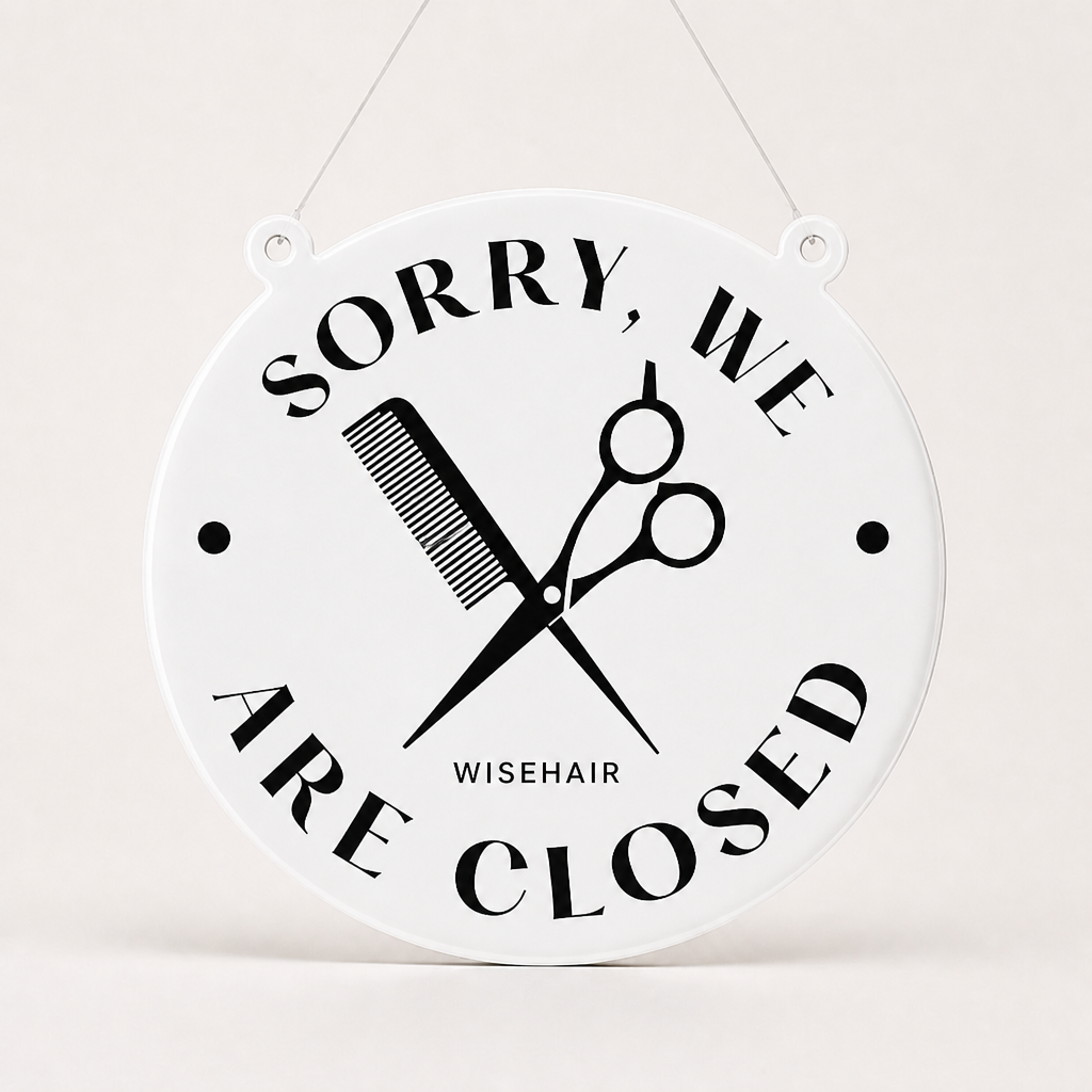 Hair Specialist Custom Acrylic Open Closed Sign WiseTap white glossy SORRY WE ARE CLOSED WiseHair