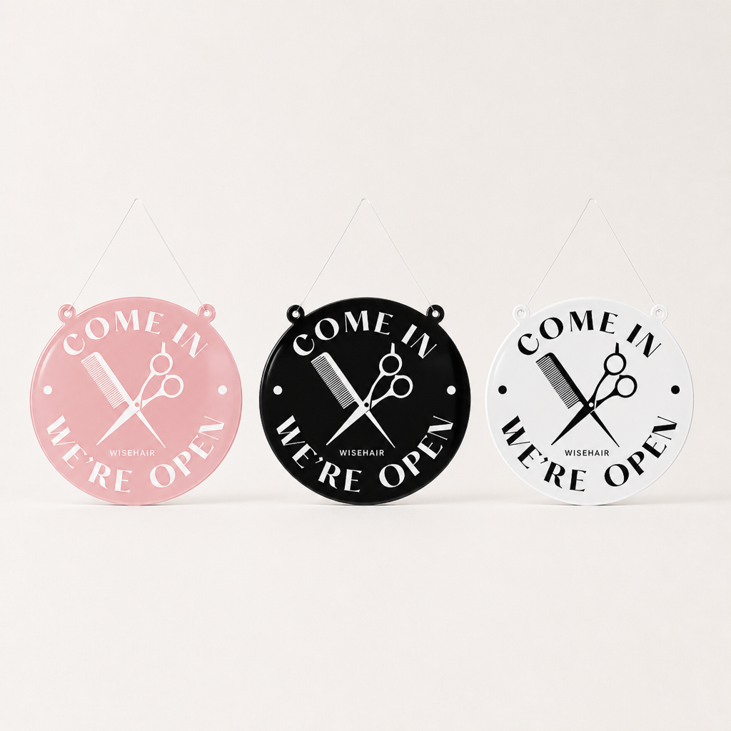 Hair Specialist Custom Acrylic Open Closed Sign WiseTap pink black white circular lineup WiseHair