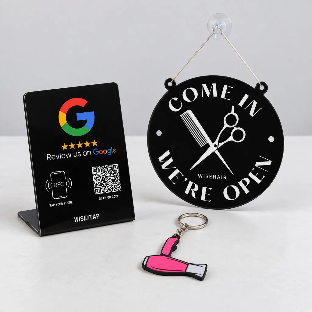 WiseTap Hair Salon Starter with a Google NFC review stand, hanging circular Hair Specialist Open/Closed sign and pink hair dryer NFC keychain