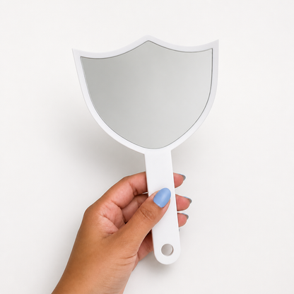 Custom 3D acrylic handheld salon mirror, white glossy front with inset mirror — WiseTap