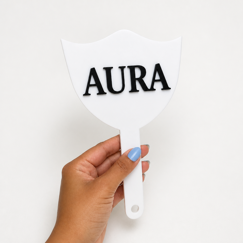 Custom 3D acrylic handheld logo mirror, white glossy back with raised personalised logo — WiseTap